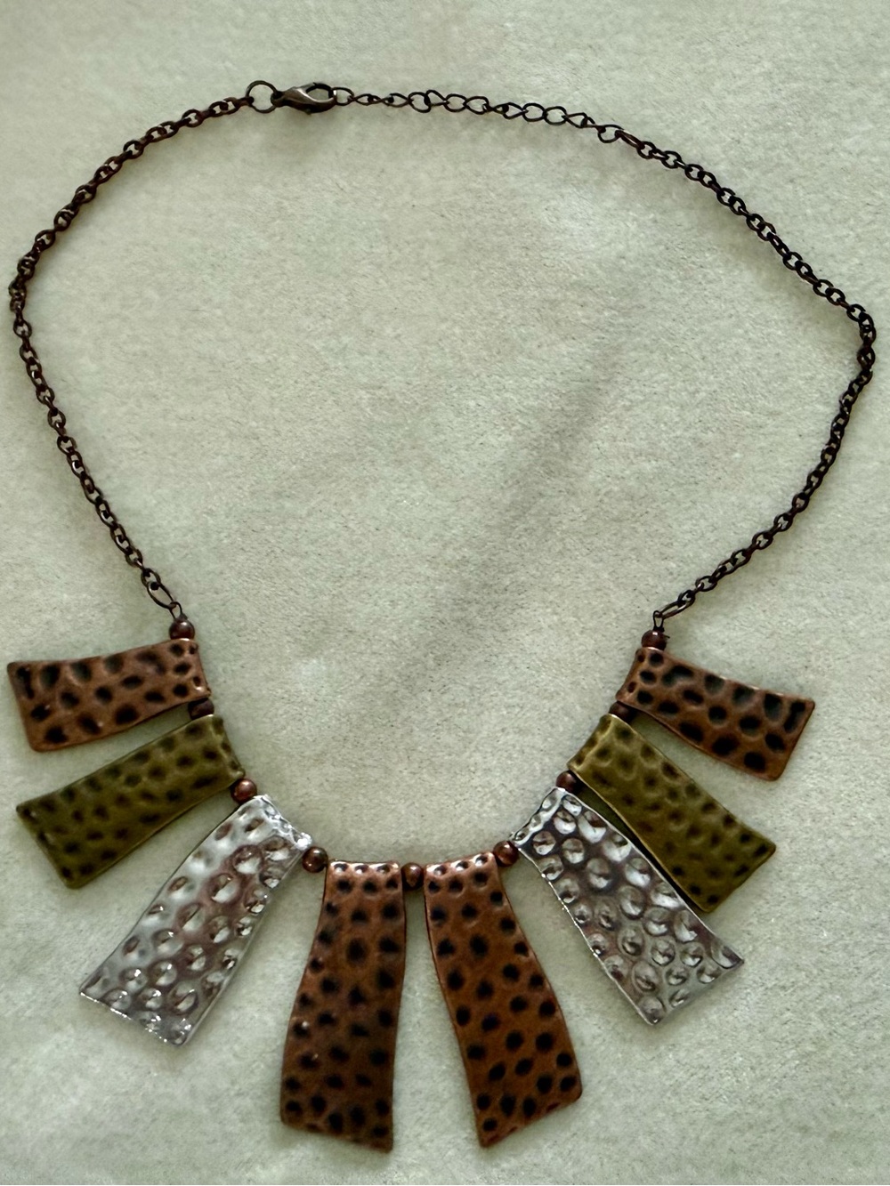 Mixed Metal Hammered Statement Necklace in Brown, Olive & Silver 19”
